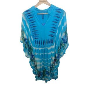 AQUA BLUE Embroidered Tunic Swim Coverup